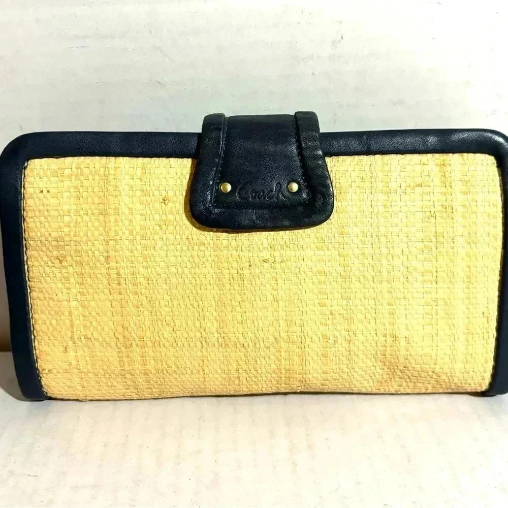 Coach beige straw & navy blue leather clutch wristlet - Picture 2 of 9